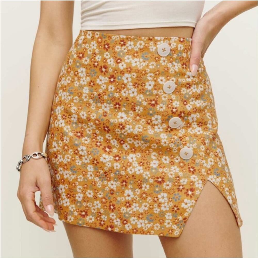 Reformation Taylor Floral Button-Detail Linen Skirt Orange Mini Summer Size 2